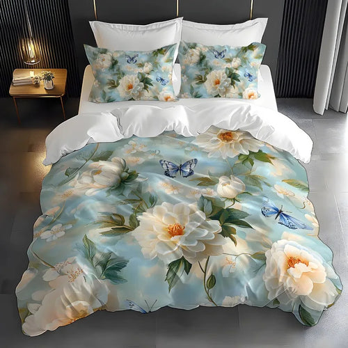 parure lit fleurs blanches papillons bleus classique romantique 100 polyester brossé double queen size