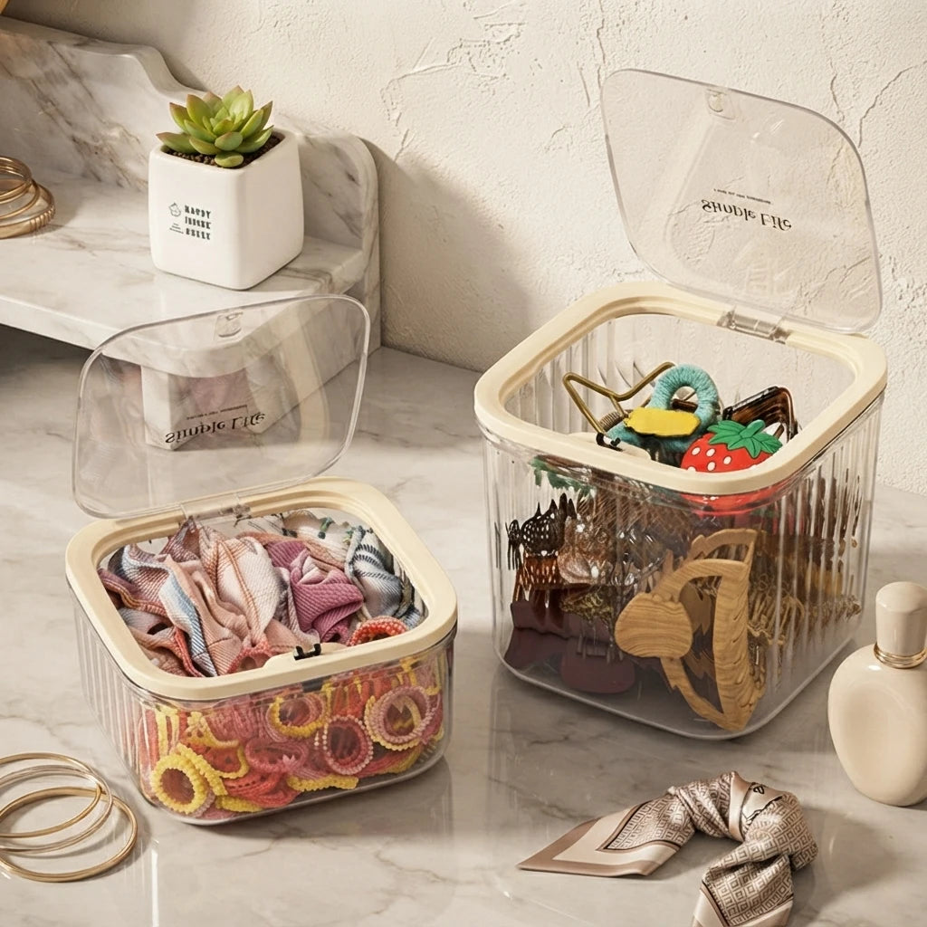 boîtes rangement transparentes modernes clips élastiques pinceaux maquillage filles minimaliste