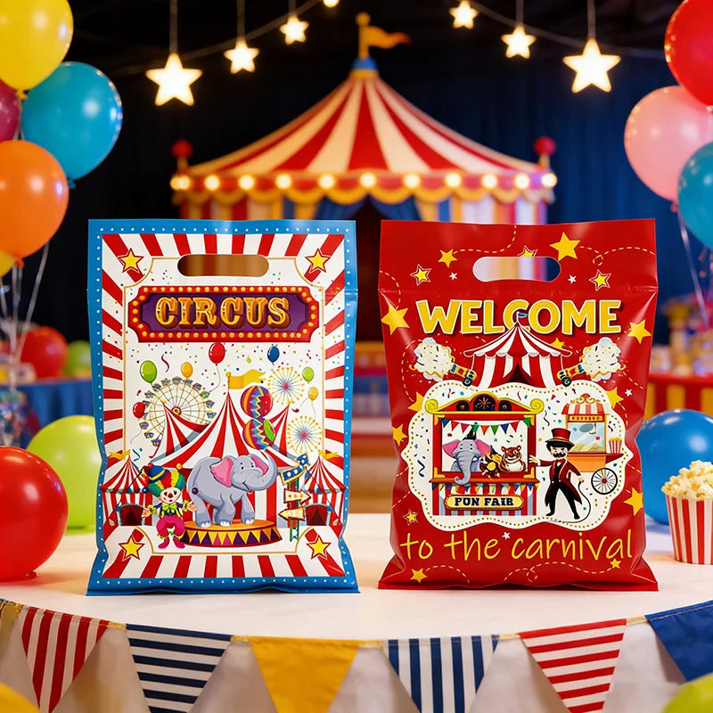 sacs fête thème cirque animaux ballons étoiles dorées poignée détachable multicolore anniversaire baby shower
