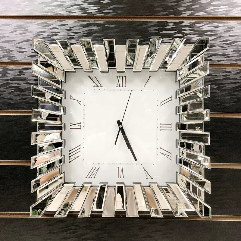 horloge murale moderne aiguilles noires cadre miroir transparent salon élégant glamour fixations