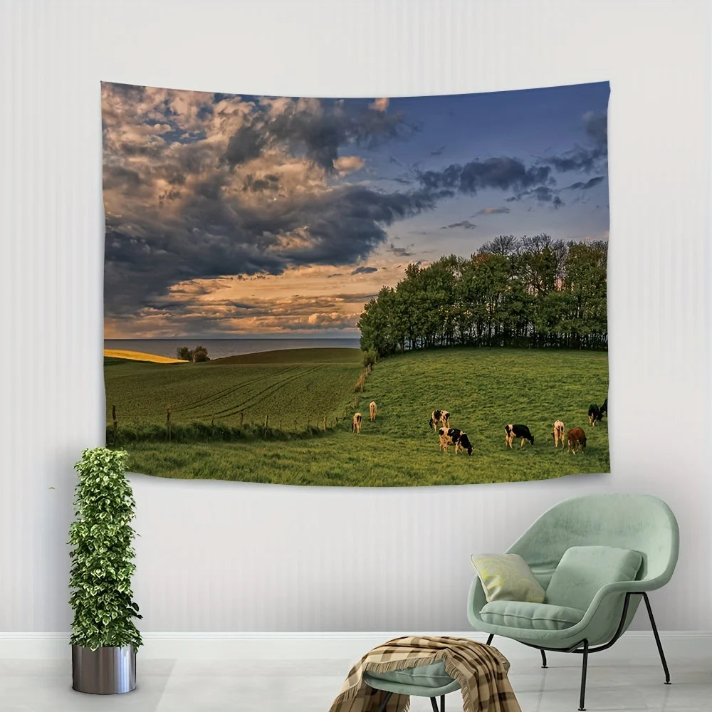 tapisserie paysagère moderne vaches nuages vert bleu blanc chambre salon décoration murale imperméable