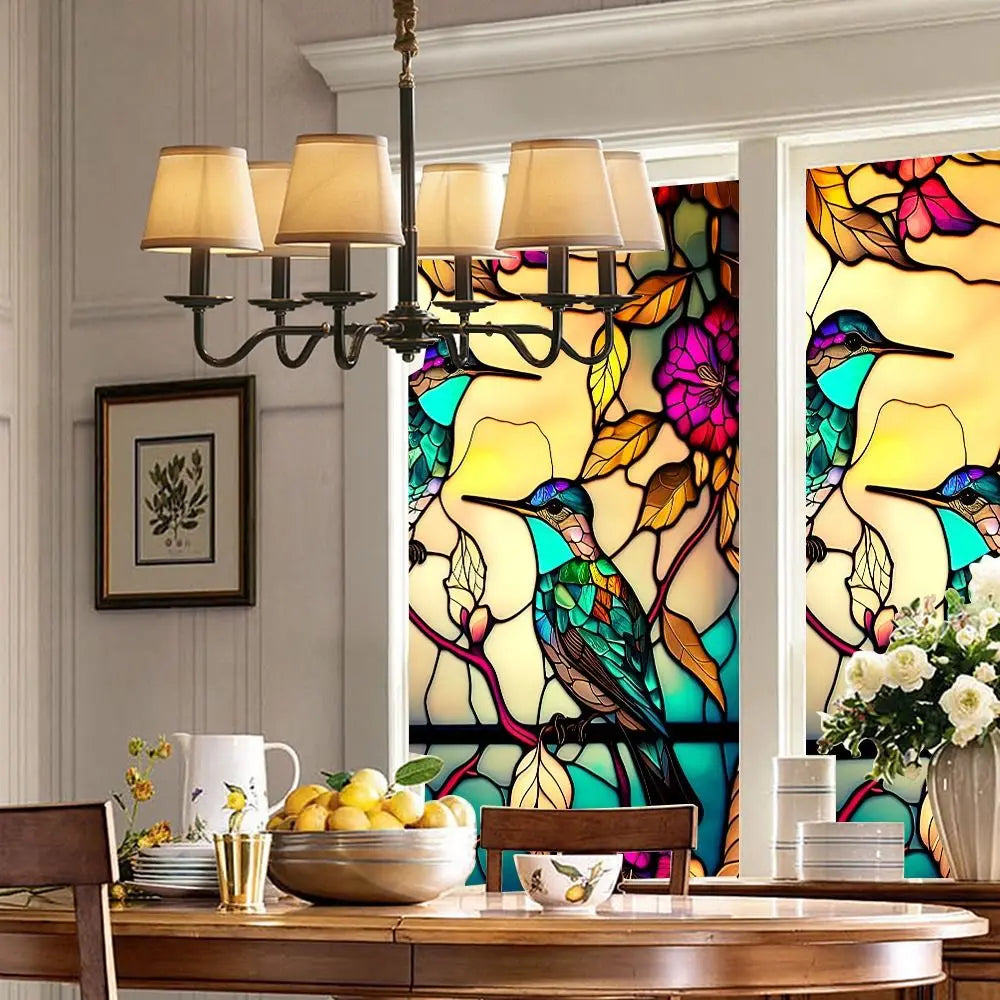 décoration fenêtre fleurs oiseaux art deco adhésive multicolore résistante usure pvc transparente