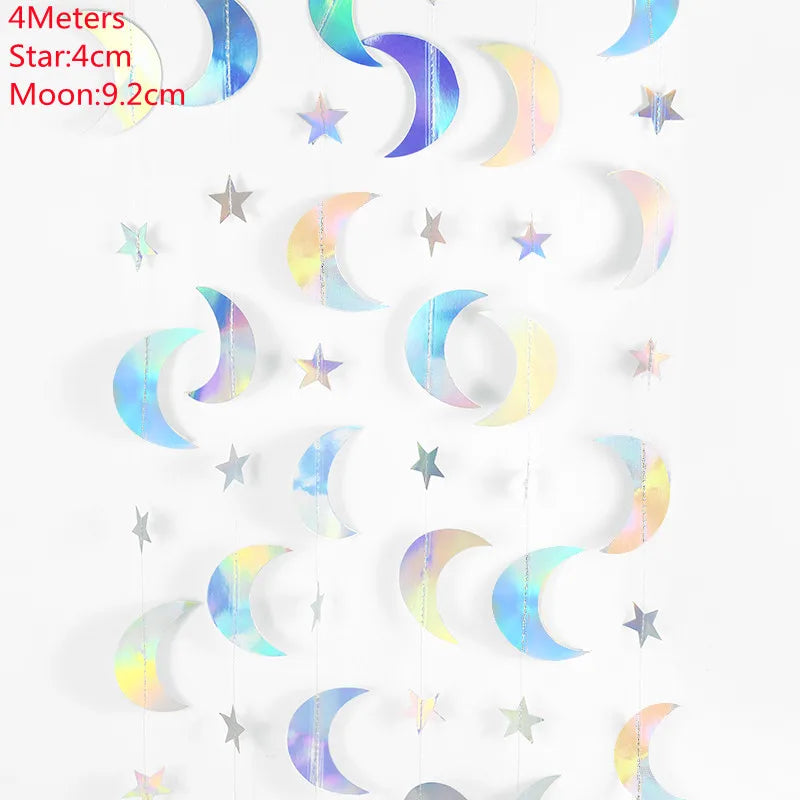 guirlande décorative multicolore stars lunes cercles effet holographique iridescent enfantin cosmique festif