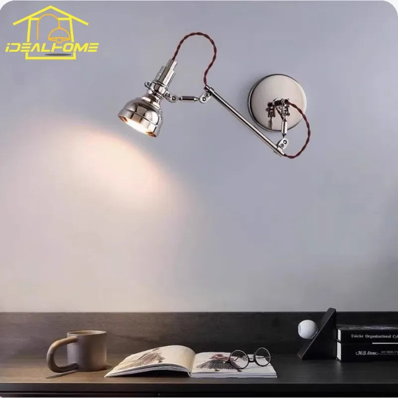 lampe murale bras articulé argenté marron industrielle vintage abat jour métallique fixée mur interrupteur