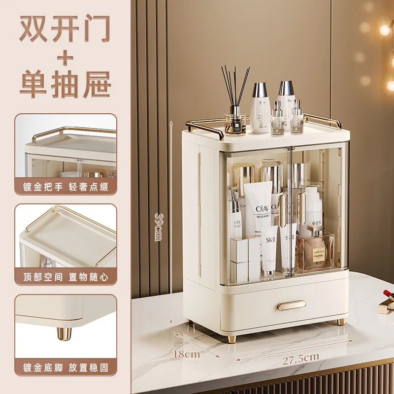boîte rangement cosmétique beige moderne pieds dorés étuis produits flacons parfum bouteilles lotion brosse