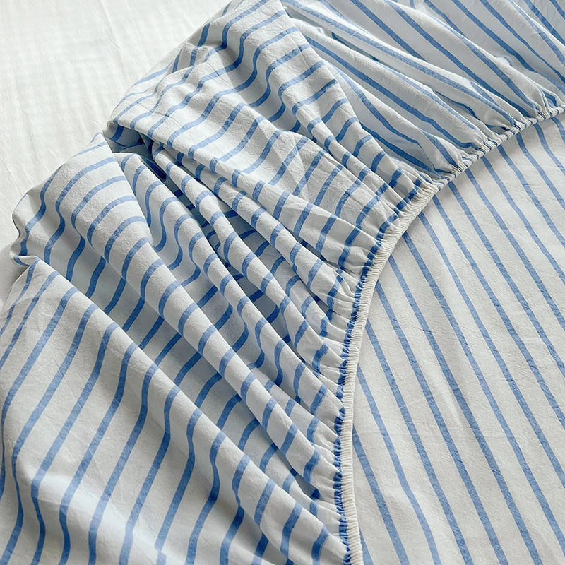 housse lit rayures blanches bleues coton élastique moderne adultes chambre literie blanc bleuclair