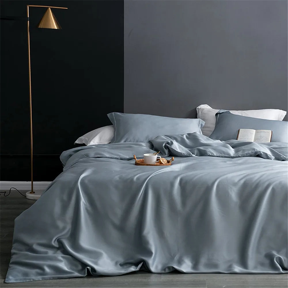 drap lit bleu marine uni soie 100% moderne oreillers taies d'oreiller drap plat queen