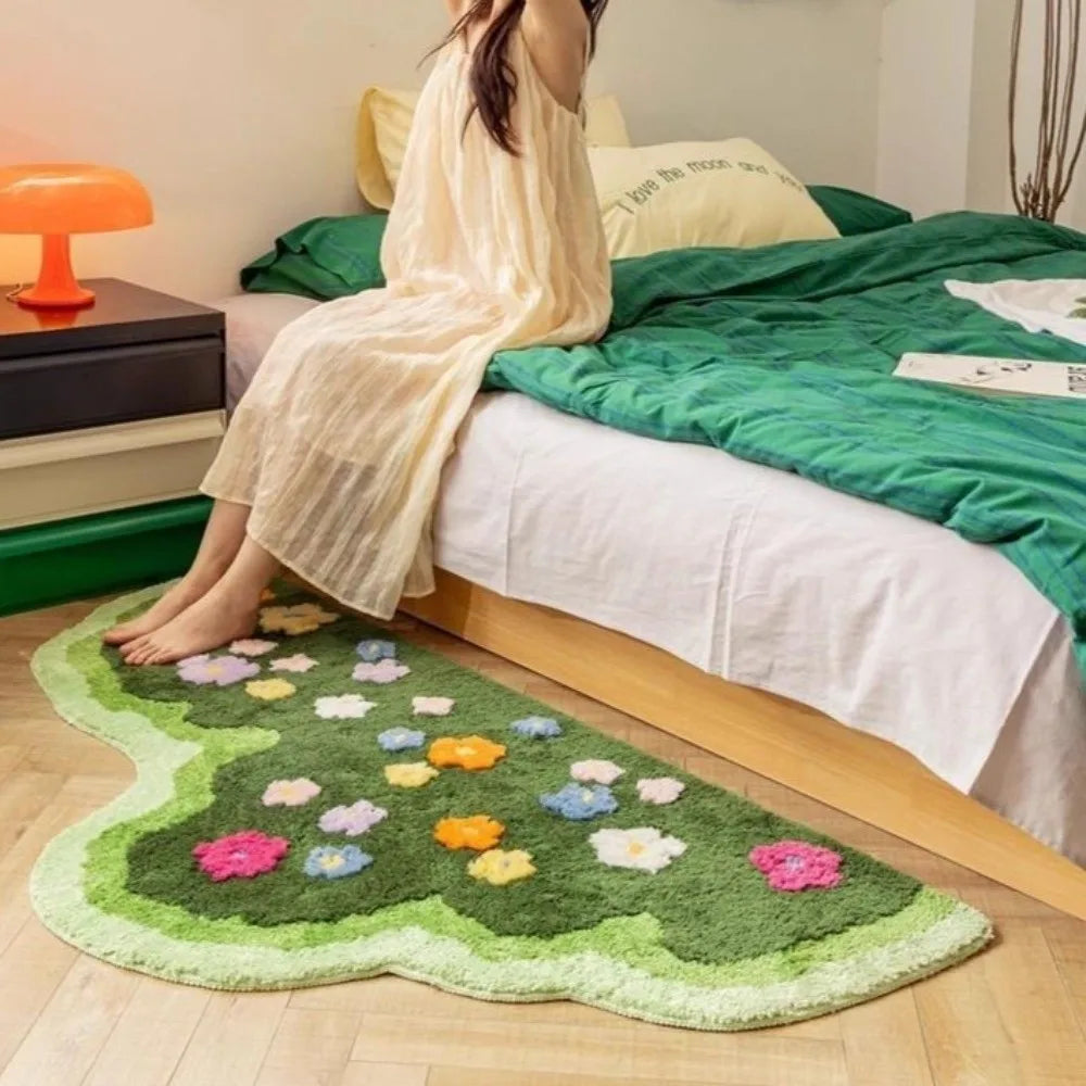 tapis vert fleurs moderne intérieur polypropylène géométrique jaune blanc rose orange doux