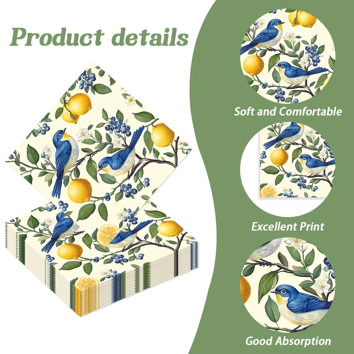 serviettes papier motif oiseaux citrons fleurs bleu jaune vert blanc 20 40 60 pièces