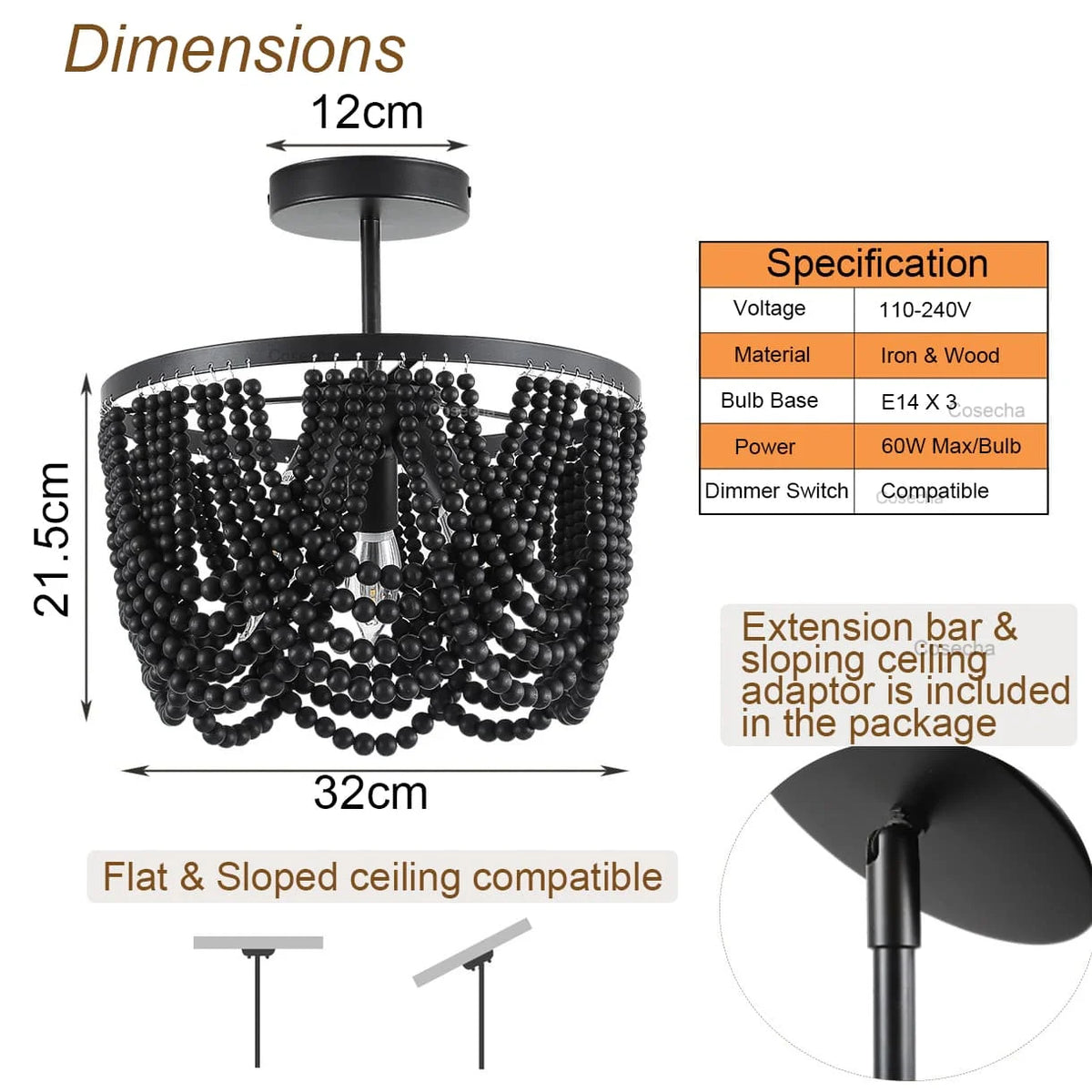 lampe suspendue bois blanc noire chaîne dorée classique vintage chambre cuisine salle manger