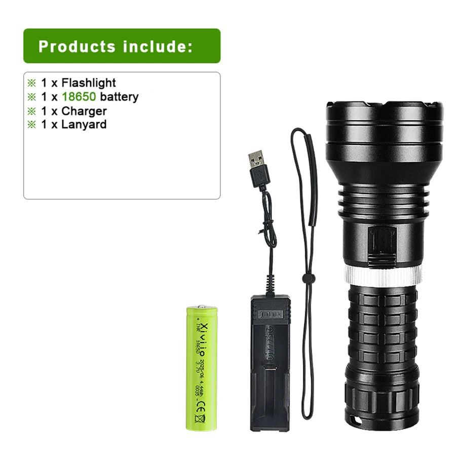 lampe torche noire led rechargeable 500m lumiere intense resistant chocs auto defense camping plongee