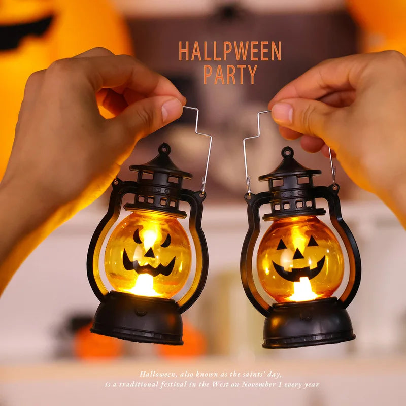 lanterne halloween citrouille visage noir orange portable vintage poignées métalliques base bois