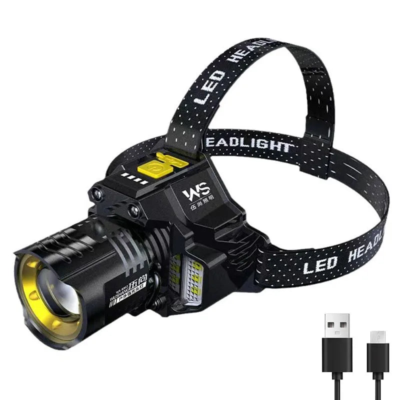 lampe frontale rechargeable led zoomable étanche camping noir jaune bleu moderne