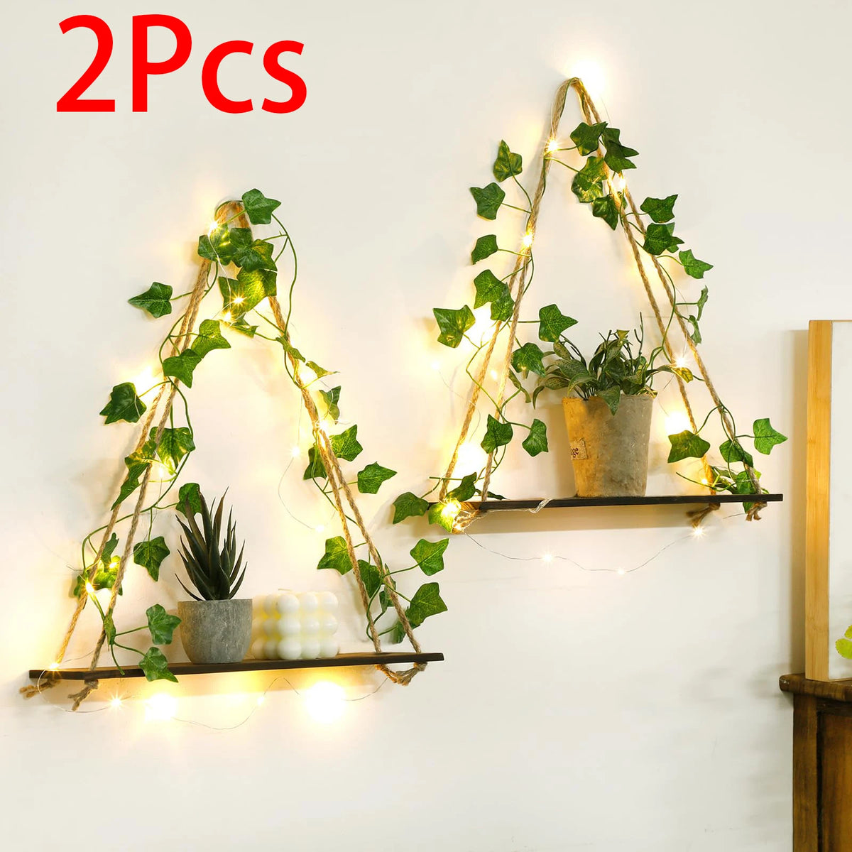 étagères suspendues boho blanc macramé bois rustique anneaux métalliques chambre salon étude decoration cadeau
