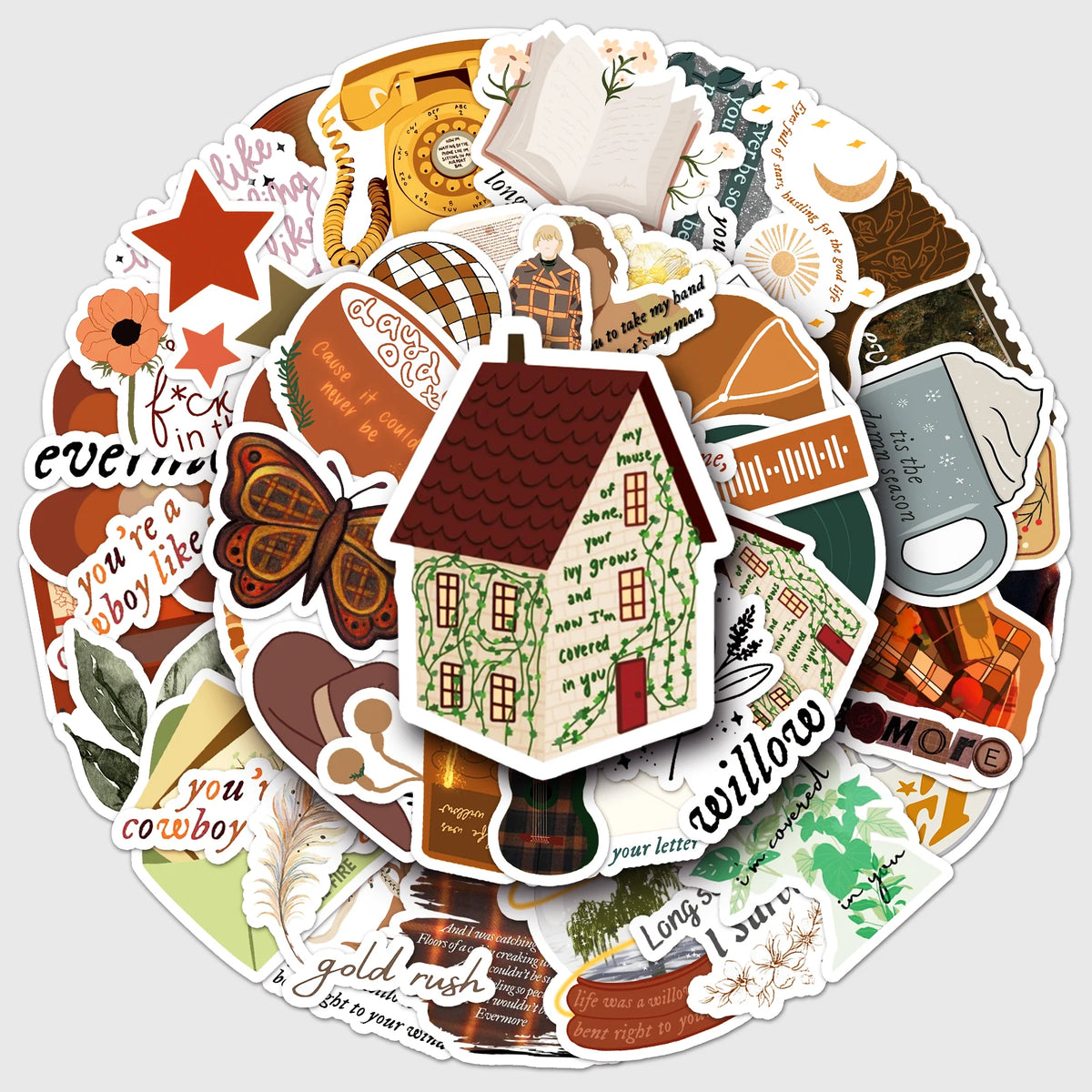 stickers vintage orange marron plaid fleurs texte maison telephone guitar hat feather book coffee