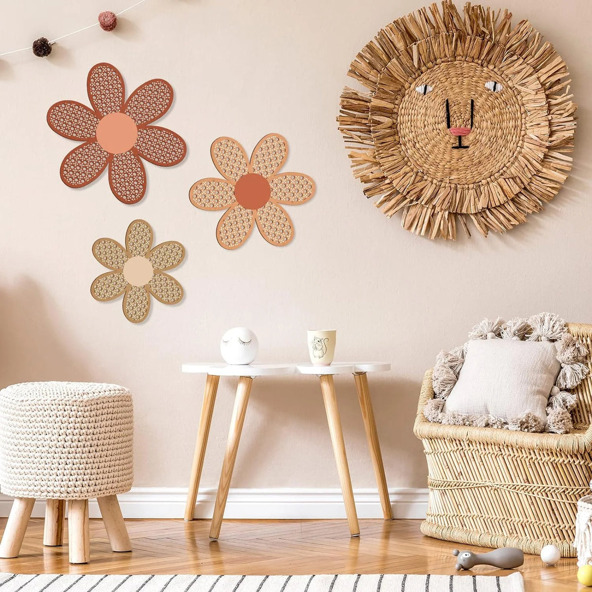 décoration murale bohème fleurs ajourées rose bois enfantine rustique vintage 25cm 22cm 20cm