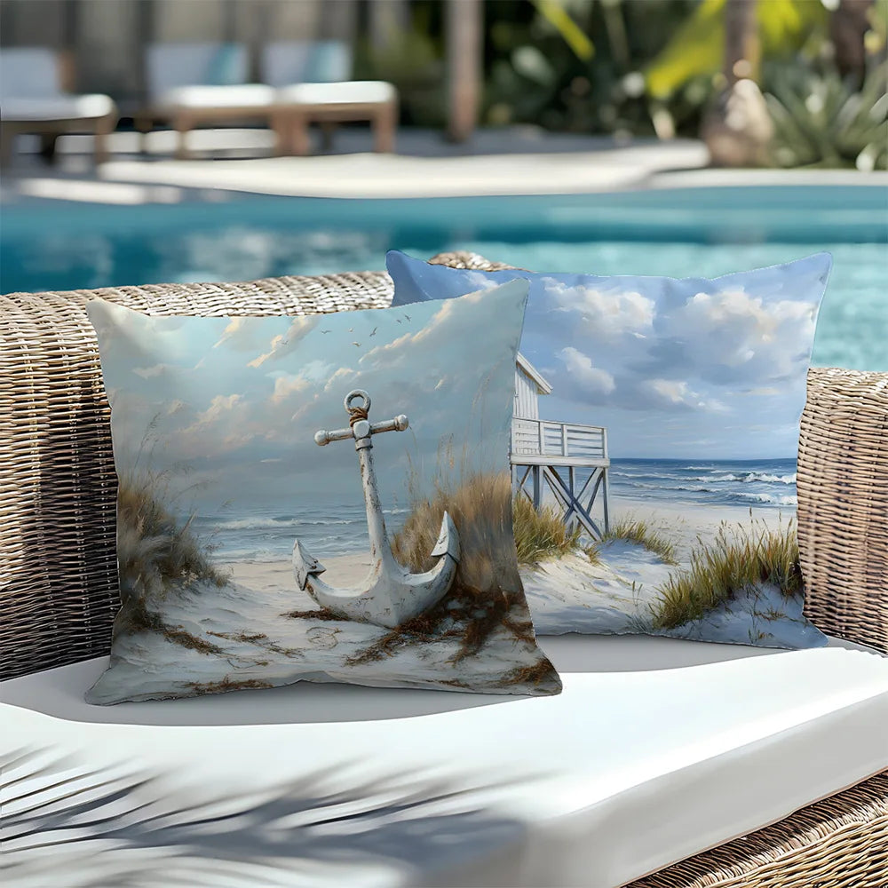 coussin decoratif plage phare bateau ancre ciel nuageux bleu blanc vert maison pilotisintérieur polyester