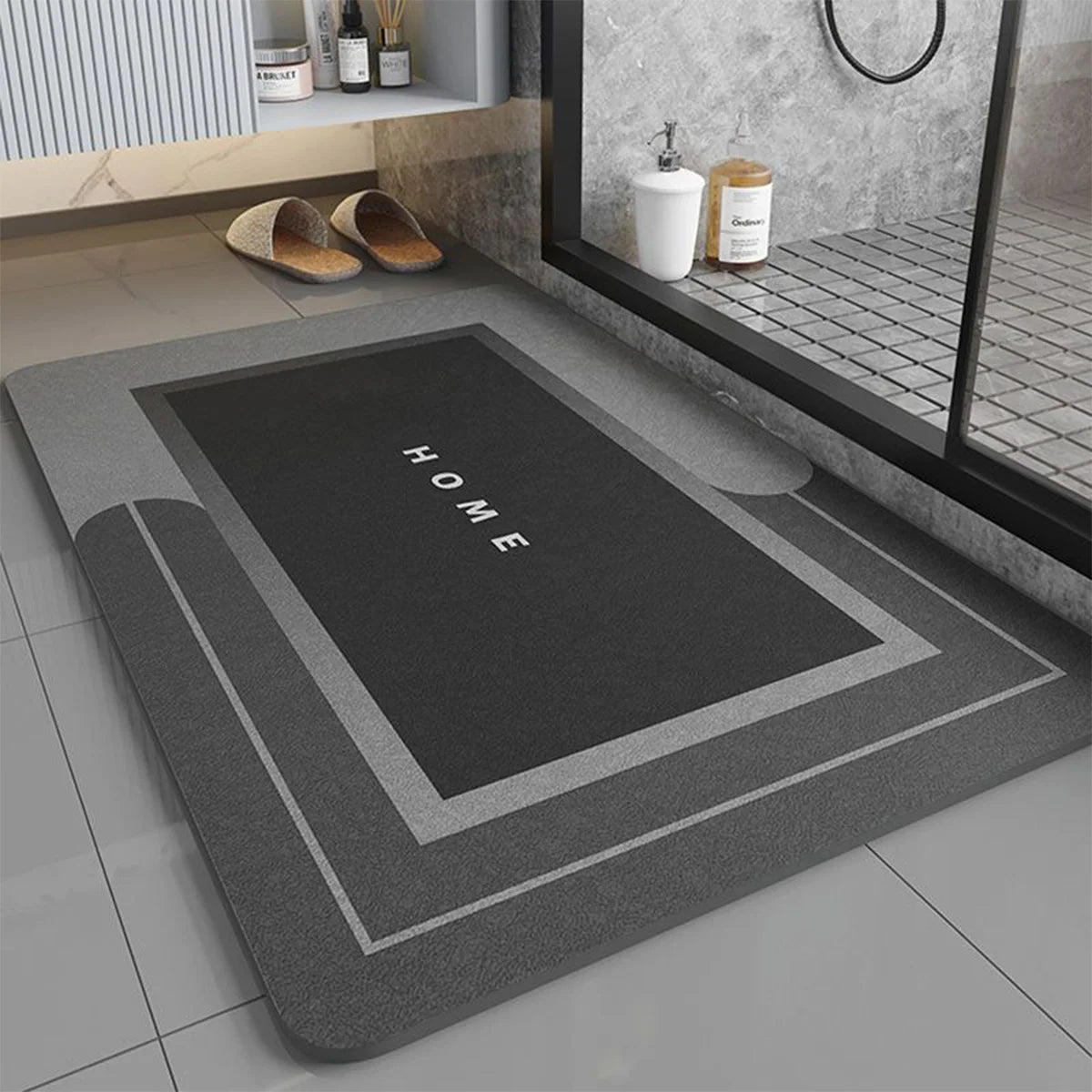 tapis bain gris texture tissée motif géométrique moderne adhésif absorbant saleté diatomée salle bain
