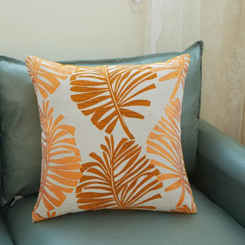 housse coussin brodé feuilles palmier moderne bleu clair beige marron amovible lavable 45x45cm oblong