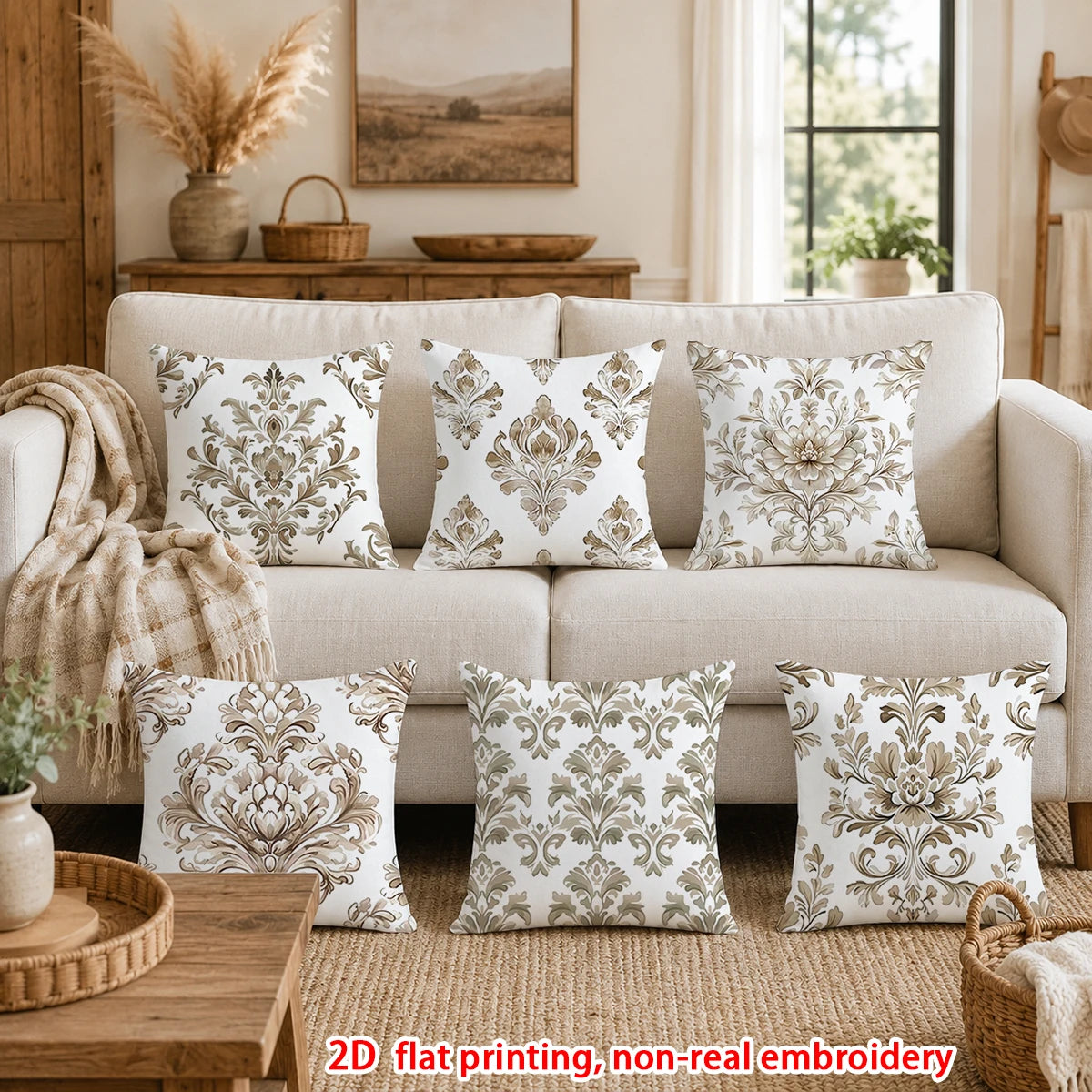 housses coussin décoratives motif floral damassé classique beige blanc marron clair élégantes maison pièces