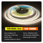 ruban led cob blanc 3mm 5mm 12v 24v lisse moderne connecteurs 5mètres rouleau