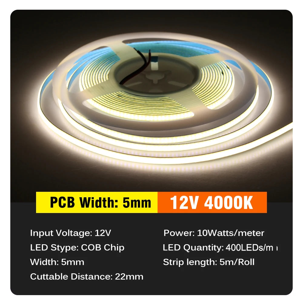 ruban led cob blanc 3mm 5mm 12v 24v lisse moderne connecteurs 5mètres rouleau