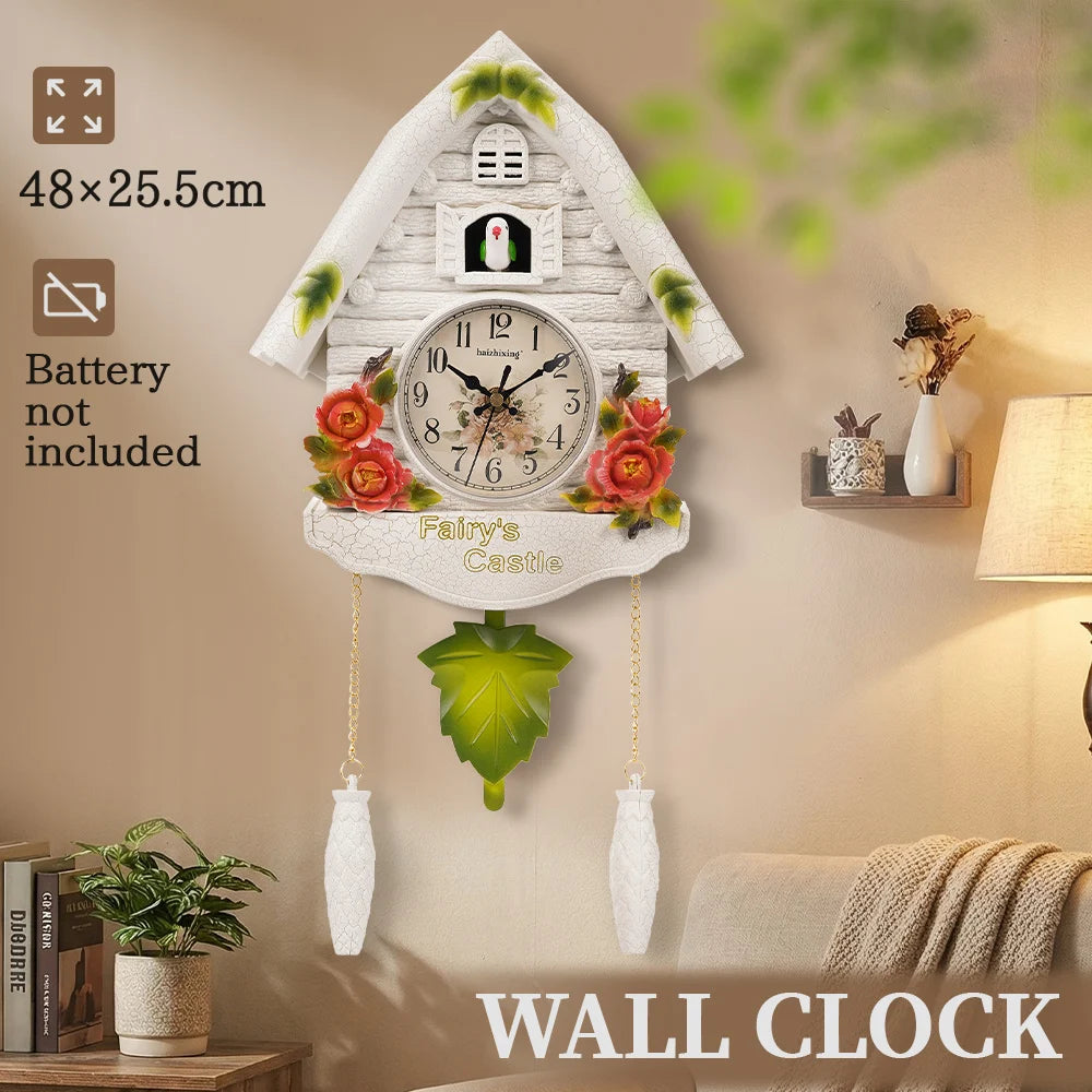 horloge murale vintage européen aiguille bois fleurs peintes blanc vert rouge salon chambre enfant