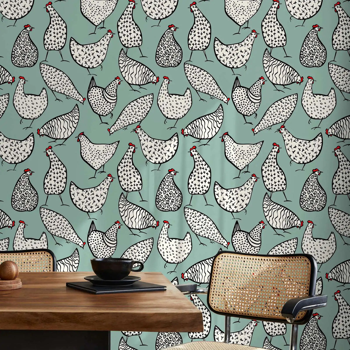 papier peint adhésif animal poules motif champêtre enfantin vert rouge décoratif