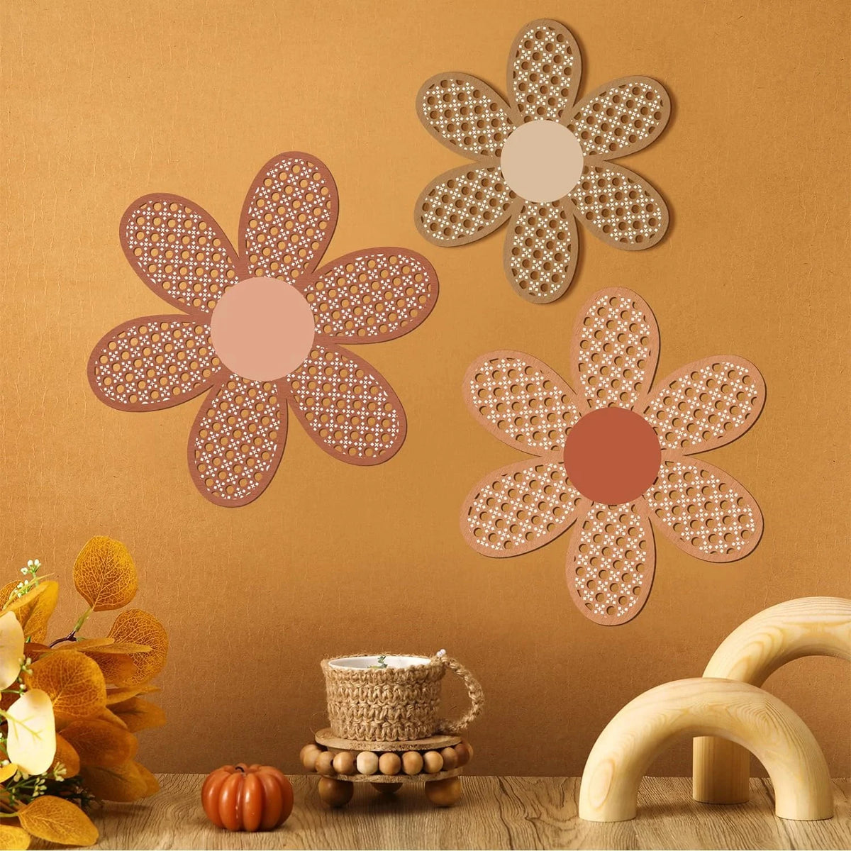 décoration murale bohème fleurs ajourées rose bois enfantine rustique vintage 25cm 22cm 20cm