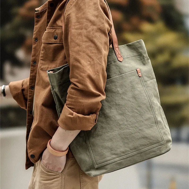 sac main vert olive toile douce fermeture éclair casual unisexe polyvalent texture tissée casual