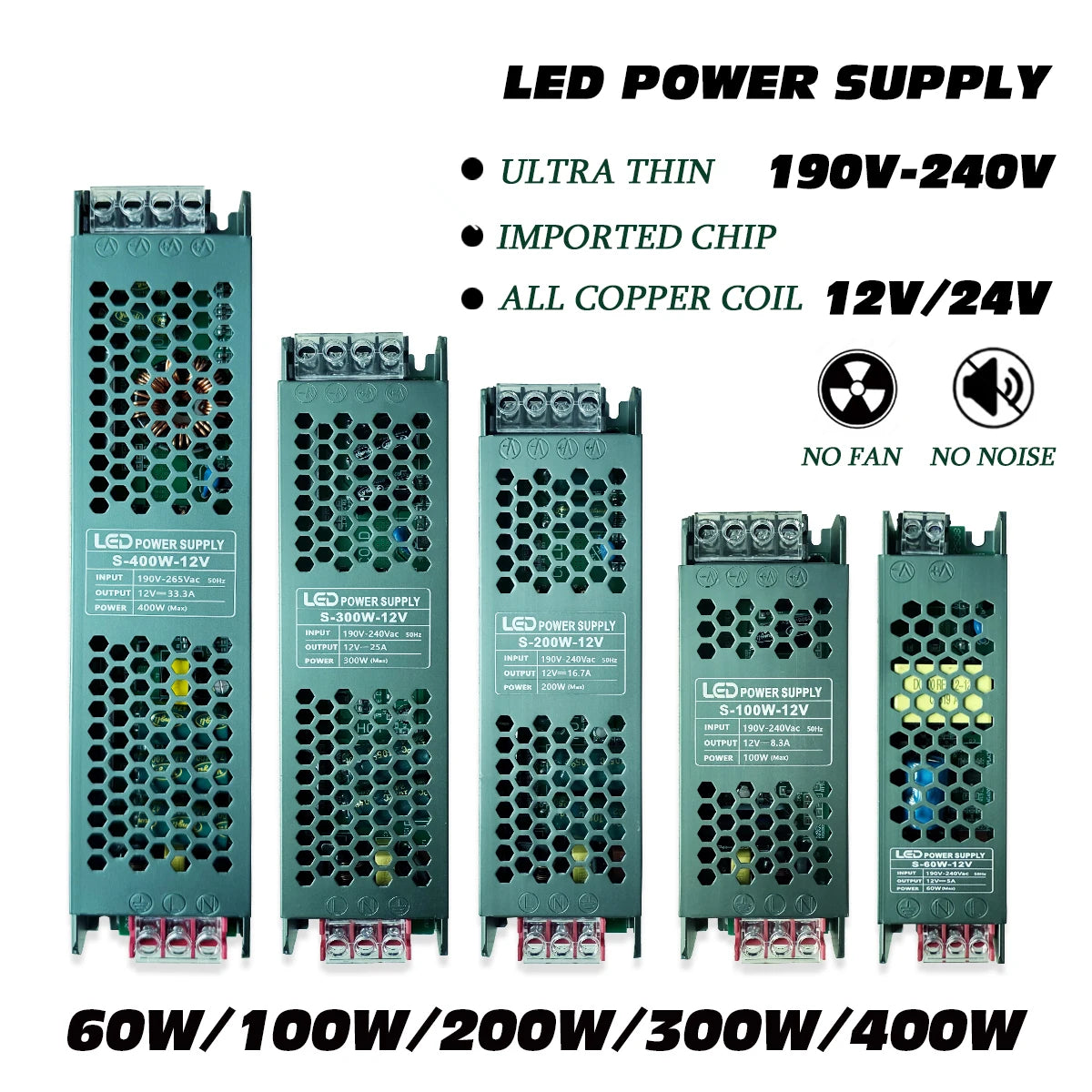 alimentation led ultra fine 12v 24v 5a 12a 60w 100w 200w 300w 400w vert