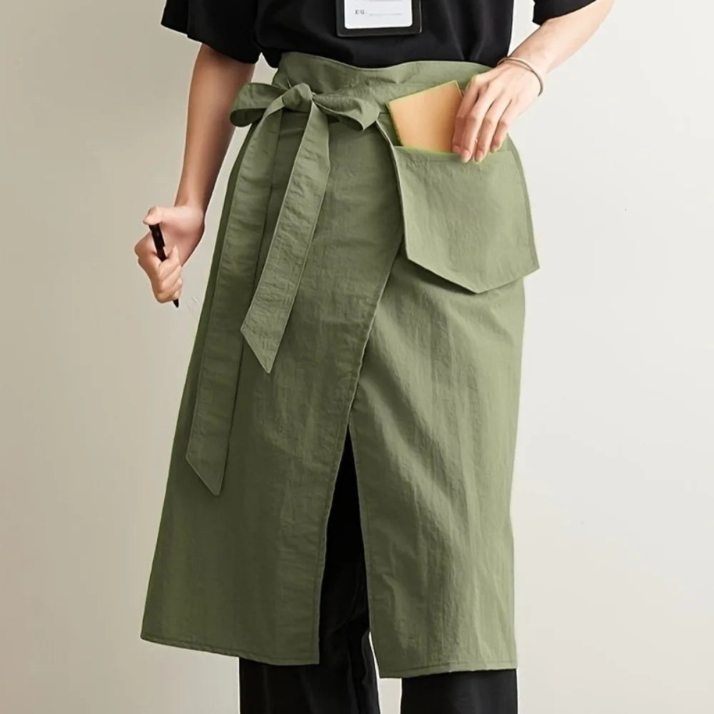 tablier coton uni minimaliste poche ceinture nouable noir vert olive utilitaire cuisine