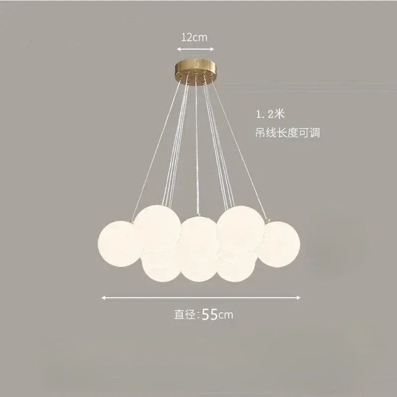 suspension lumineuse moderne blanc boules verre translucides 19 têtes fixée câbles