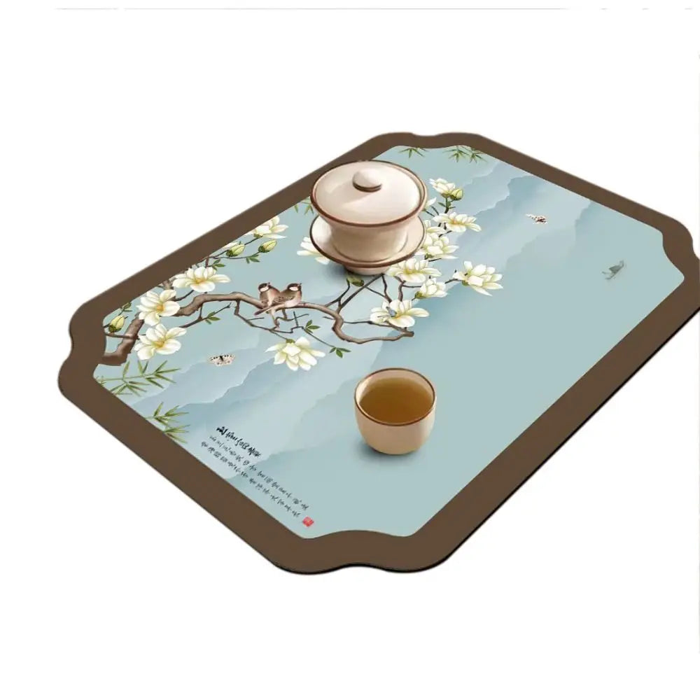 tapis table art traditionnel fleurs oiseaux bleu clair beige brun