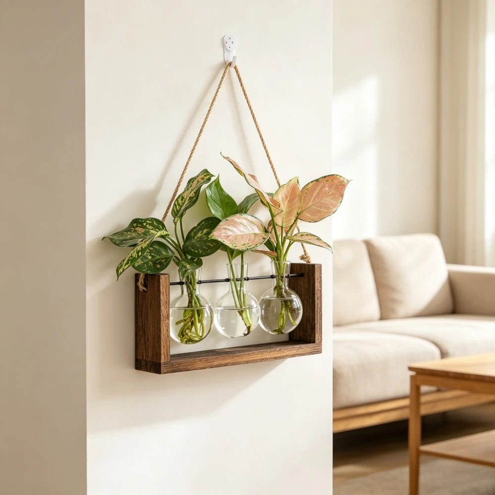 support plantes verre moderne bois marron clair vase transparent feuilles vertes multicoloresintérieur décoration