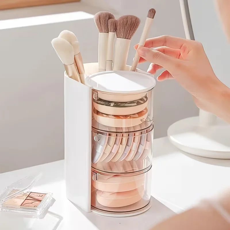 rangement rotatif blanc rose pâle transparent moderne accessoires capillaires brosse poudre rubans élastiques minimaliste