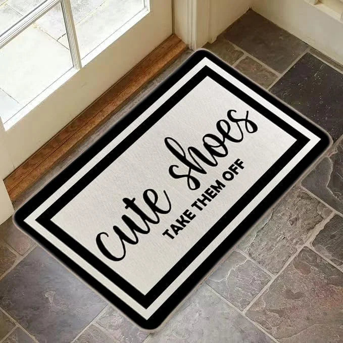 tapis moderne sol extérieur adulte polyester résistant lettres blanches fond beige bordure noire 30x50cm