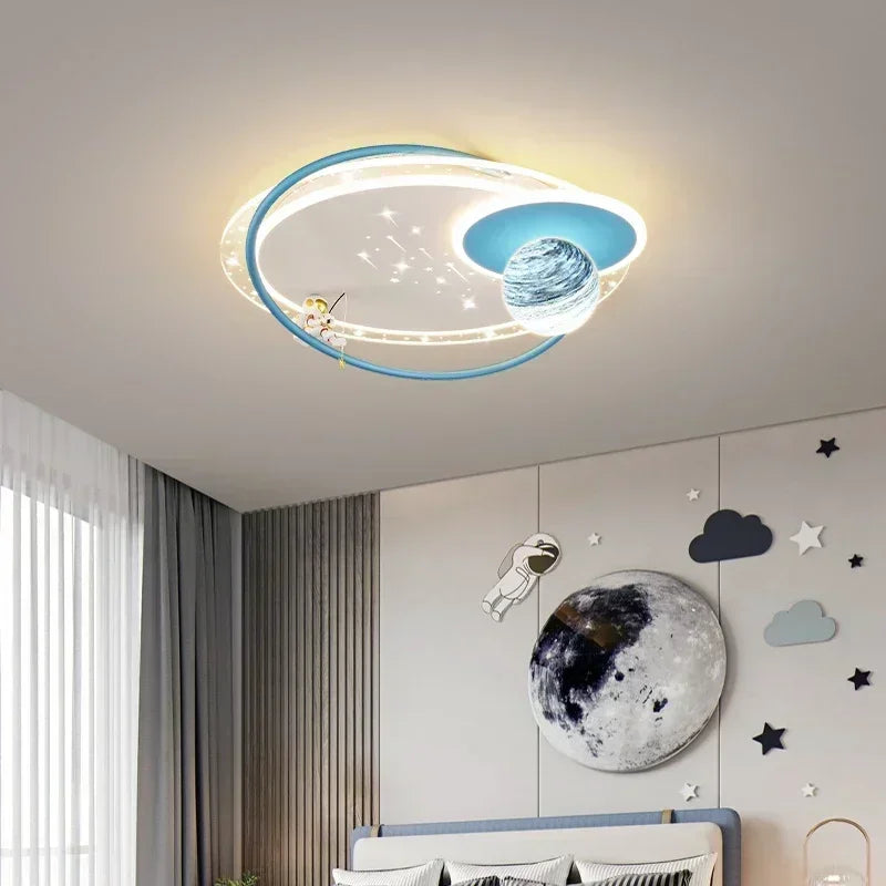 plafonnier led moderne blanc bleu doré étoiles planète astronaute verre transparent chambre enfants