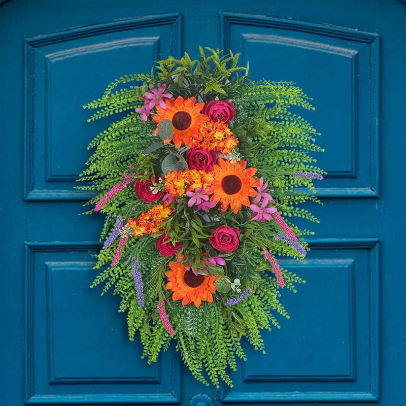 couronne fleurs artificielles naturelle verte orange rose violet décorative intérieur festive automne chaleureuse rustique