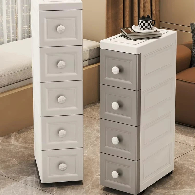 rangements mural blanc gris moderne minimaliste meuble tiroirs poignées roulettes