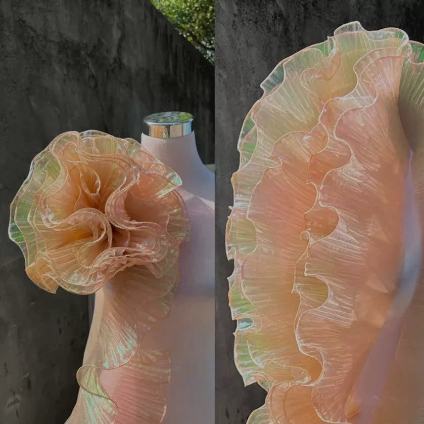 tissu voile semi transparent rose pâle vert iridescent moderne élégant rayures fines dentelle polyester