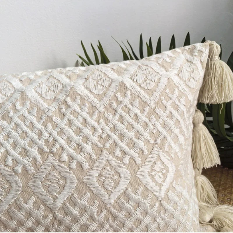 coussin boho carré 45x45cm beige motif géométrique brodé tassel déco siège voiture