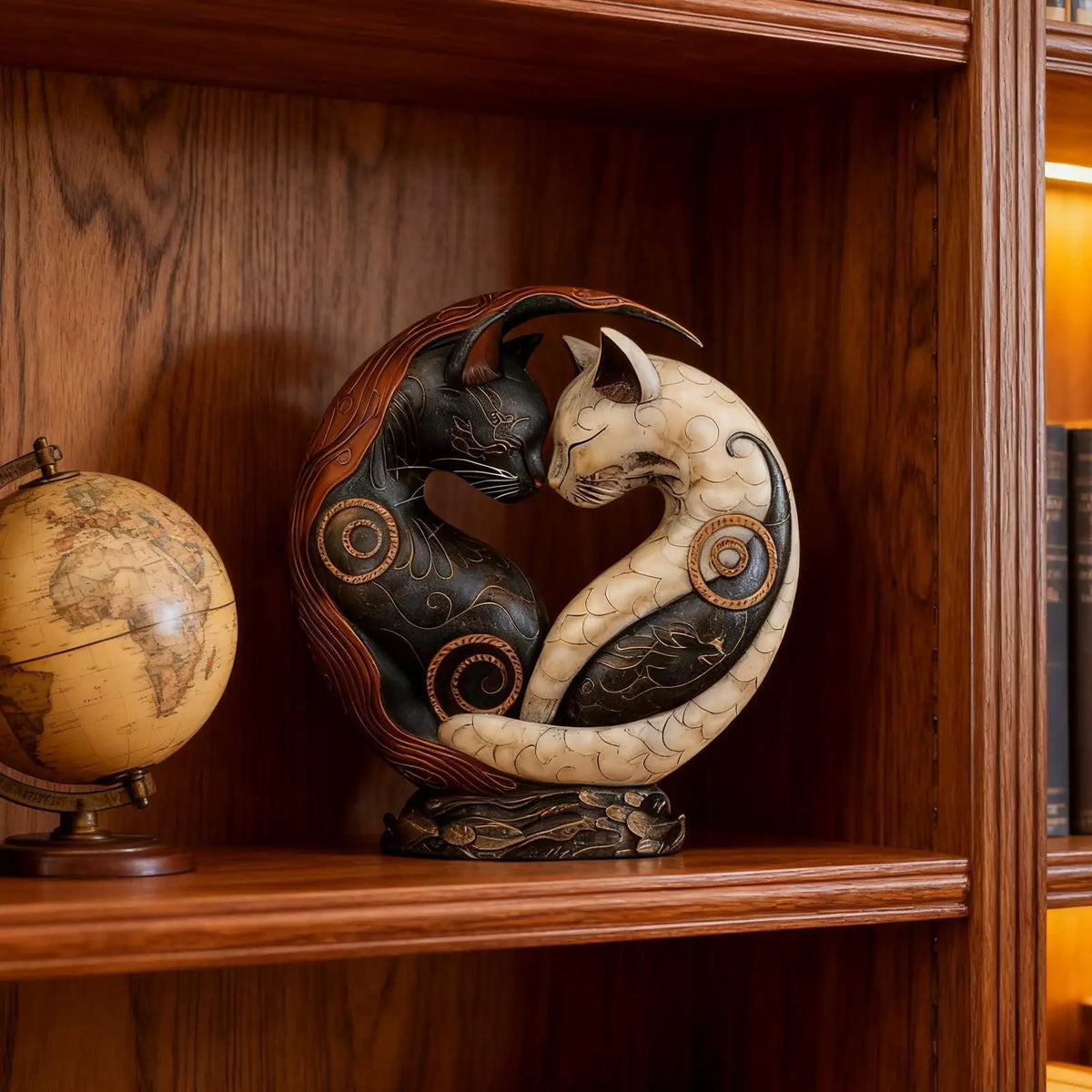 statue chats enlacés résine noire blanche motifs floraux décorative yin yang maison adulte