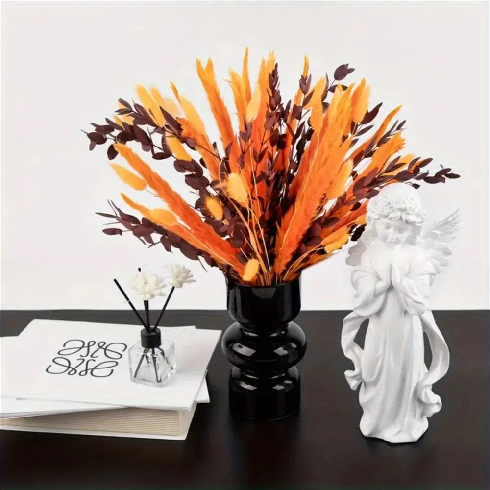 bouquet artificiel plumes orange feuilles marron boho décoration maison anniversaire mariage
