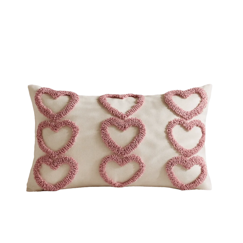 taies d'oreiller coeurs relief blancs lit polyester coton brodés opaques décoration romantique fixations coussins