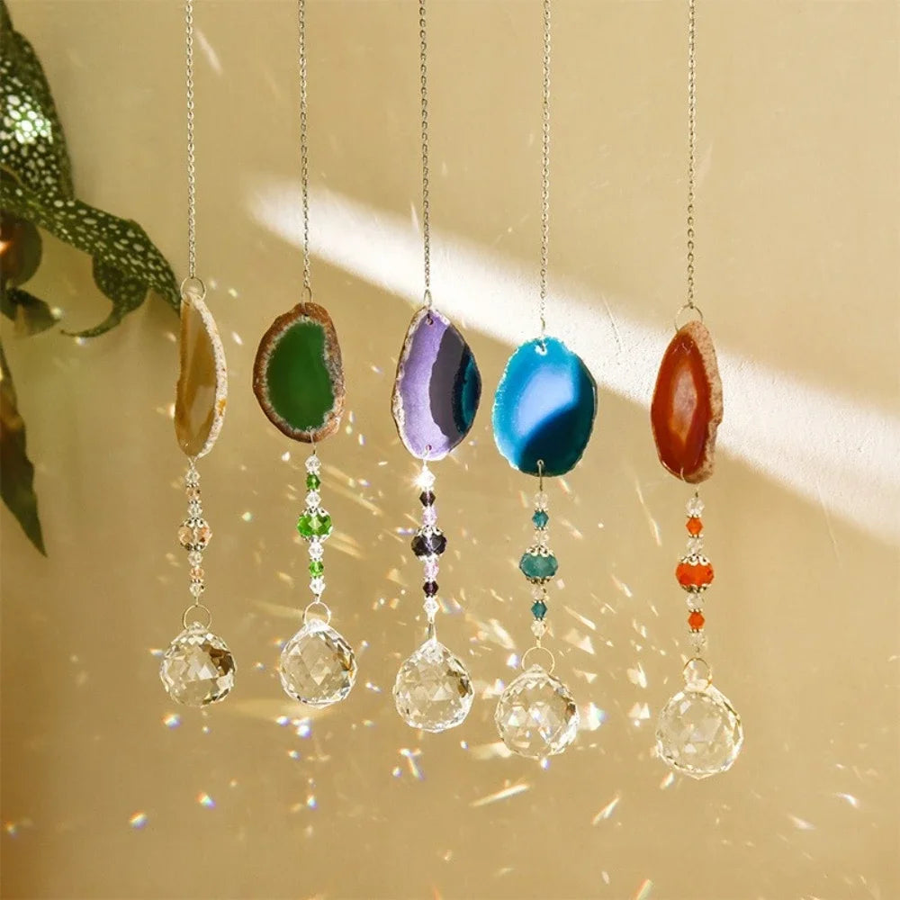 pendentif solaire agate naturelle colorées boule cristal bohème violet orange vert bleu beige