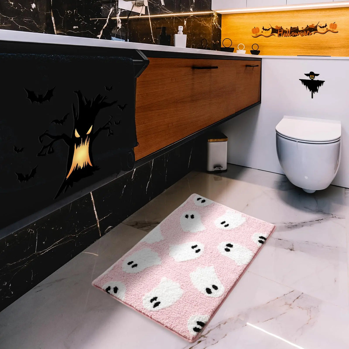 tapis bain halloween fantômes citrouilles chauves souris noir blanc antidérapant résistant absorption