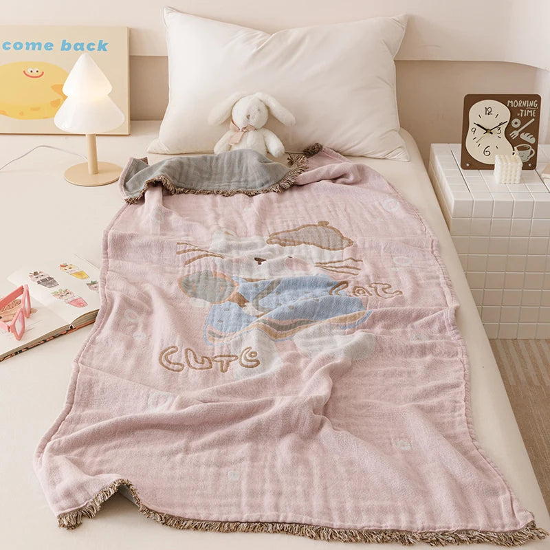 couverture coton animaux motifs douce bébé enfant jacquard absorbante multifacteurs rose gris blanc