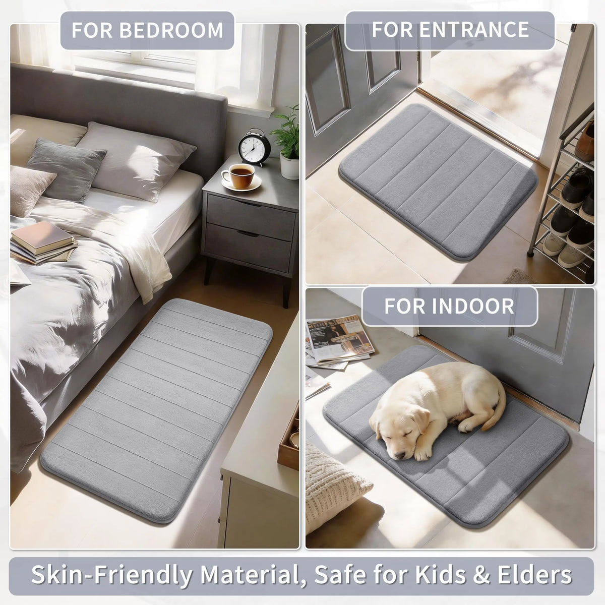 tapis bain gris clair rayures horizontales antidérapant mousse mémoire forme séchage rapide moderne salle