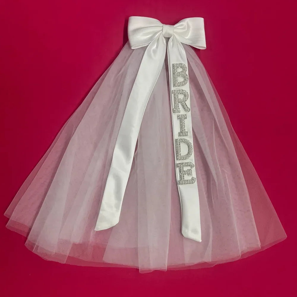 voile mariée tulle transparent BRIDE lettres brillantes blanc rose ruban noeud